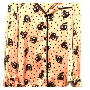 Satin long sleeve button down shirt w/ black cats